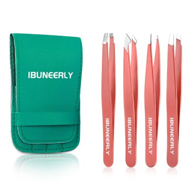 iBuneerly Eyebrows Tweezers Set, 4Pcs Stainless Steel Tweezers for Women with Travel Case, Great Precision for Ingrown Hair, Facial Hair and Splinter Removal