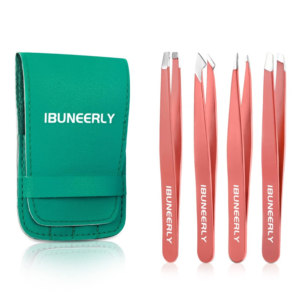 iBuneerly Eyebrows Tweezers Set, 4Pcs Stainless Steel Tweezers for Women with Travel Case, Great Precision for Ingrown Hair, Facial Hair and Splinter Removal