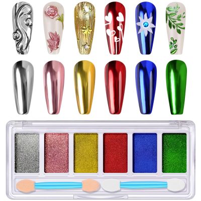 DRMODE Gold Silver Chrome Nail Powder, 6 Colors Red Green Mirror Metallic Effect Nail Chrome Powder, Blue Rose Gold Champagne Colored Chrome Powder for Nails Palette Pigment for Nail Art