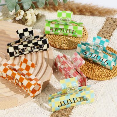 6 Pack Checkered Hair Claw Clips, 3.1" Multicolored Square Medium Non-Slip Claw Clips - Strong Hold for Women Girls Long Short Thin Hair