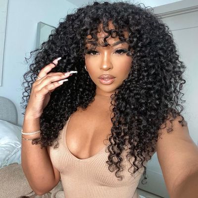 200 Density Curly Wig with Bangs Human Hair Full Machine Made Scalp Top Wig Glueless Virgin Brazilian Long Curly Wig No Lace for Black Women Natural Color 24 inch