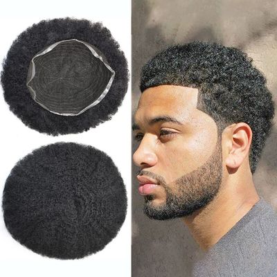 Toupee For Black Men Breathable Full Lace African American Hair Piece Man Weave Hair Unit Black Men Natural Kinky Curly Human Hair With Gray (8''x10'', 1# JET BLACK-6MM)