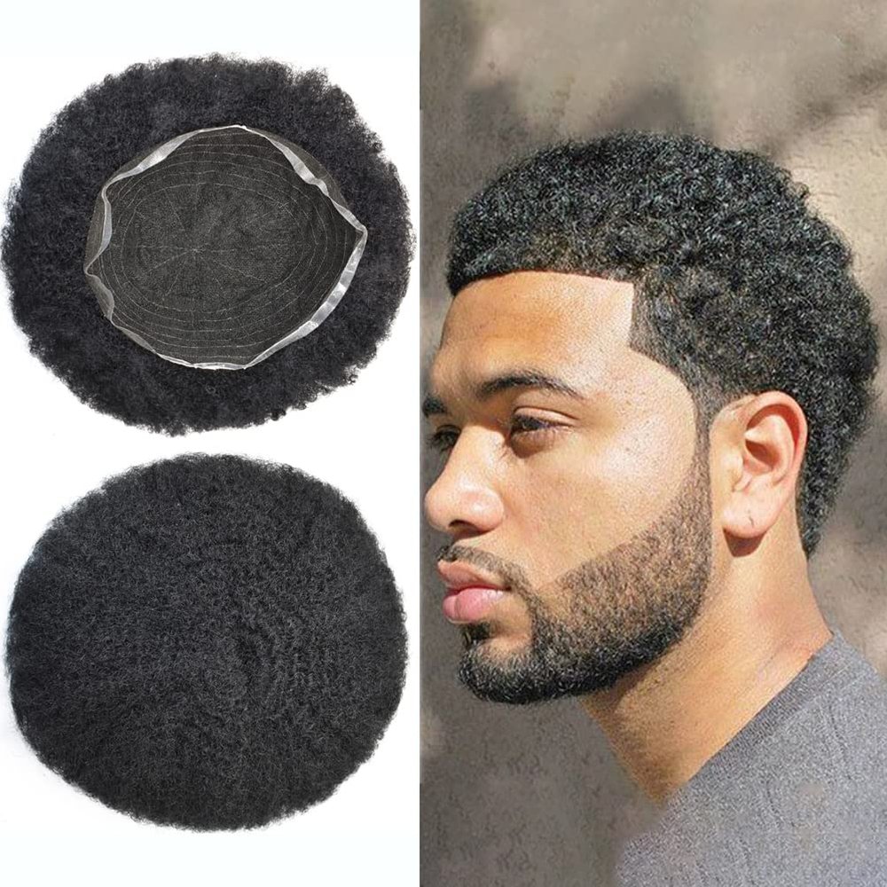 Toupee For Black Men Breathable Full Lace African American Hair Piece Man Weave Hair Unit Black Men Natural Kinky Curly Human Hair With Gray (8''x10'', 1# JET BLACK-6MM)
