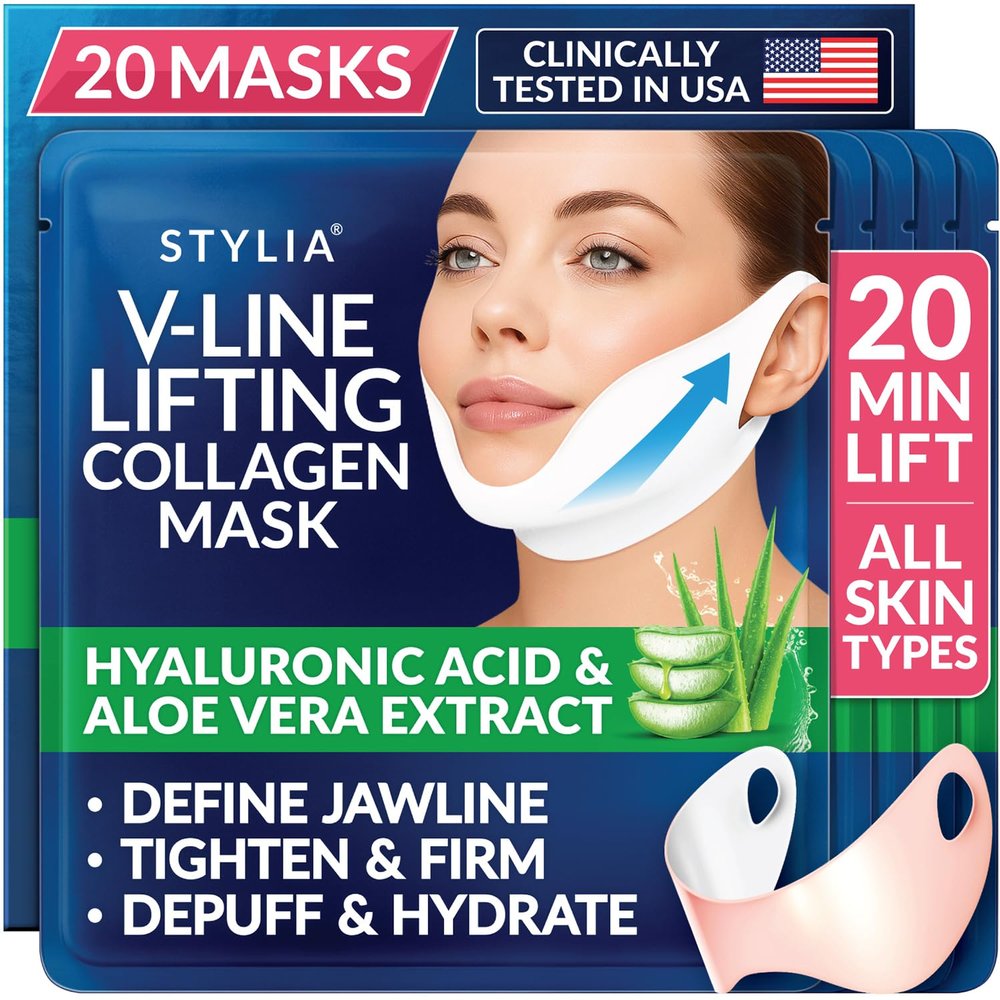STYLIA V Line Lifting Collagen Face Mask - Lift, Firm & Contour Jawline - Double Chin Strap with Hyaluronic Acid & Aloe Vera - Hydrating Neck & Face Tightening Mask - Chin Strap for Sleeping - 20PC