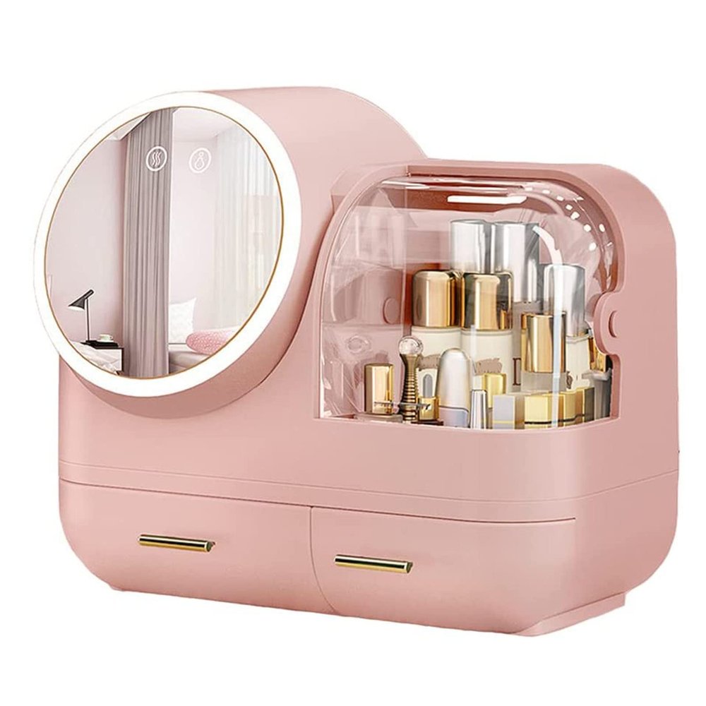 DKULMN Makeup Organizer with LED Light and Mirror, Cosmetic Display Cases with Brush and Lipstick Organizer for Bathroom Countertop, Desk, Dresser,Pink