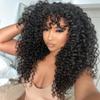 200 Density Curly Wig with Bangs Human Hair Full Machine Made Scalp Top Wig Glueless Virgin Brazilian Long Curly Wig No Lace for Black Women Natural Color 20 inch view 2
