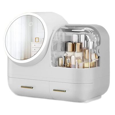 DKULMN Makeup Organizer with LED Light and Mirror, Cosmetic Display Cases with Brush and Lipstick Organizer for Bathroom Countertop, Desk, Dresser,White