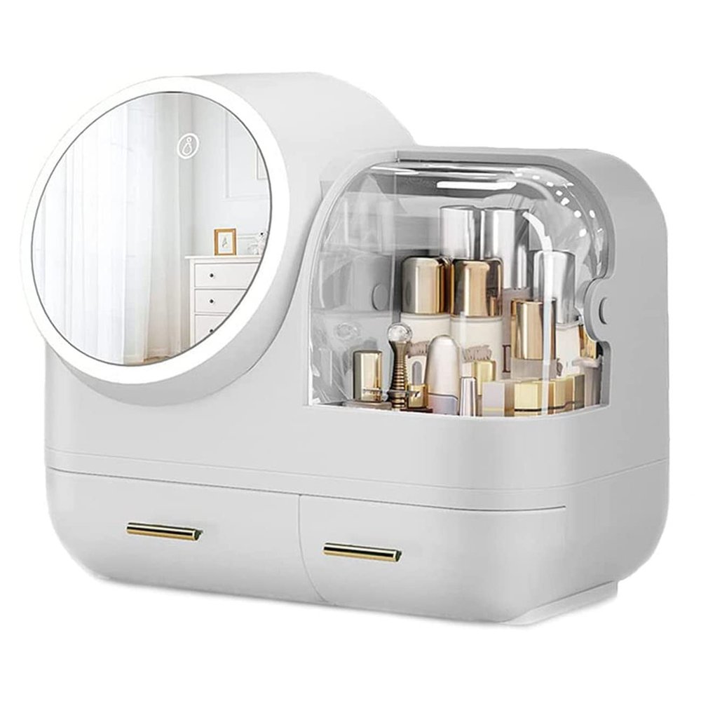 DKULMN Makeup Organizer with LED Light and Mirror, Cosmetic Display Cases with Brush and Lipstick Organizer for Bathroom Countertop, Desk, Dresser,White