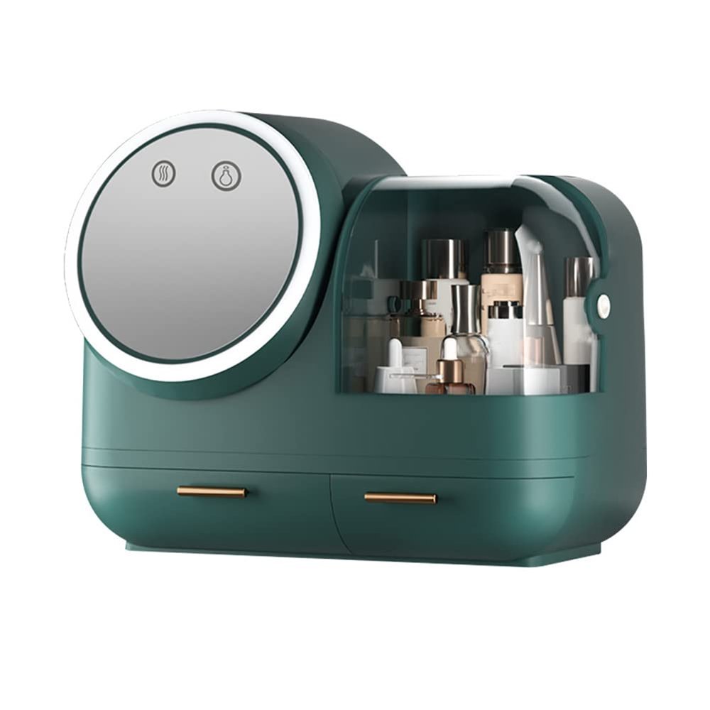 DKULMN Makeup Organizer with LED Light and Mirror, Cosmetic Display Cases with Brush and Lipstick Organizer for Bathroom Countertop, Desk, Dresser,Green