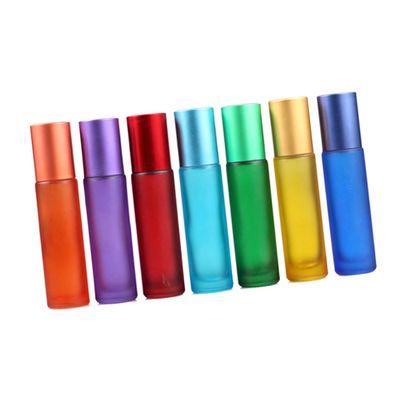 LALAFINA Glass Containers 7Pcs 10ml Colorful Frosted Roll on Bottles Glass Roller Bottles with Stainless Steel Roller Balls Refillable for Perfume Essential Oil