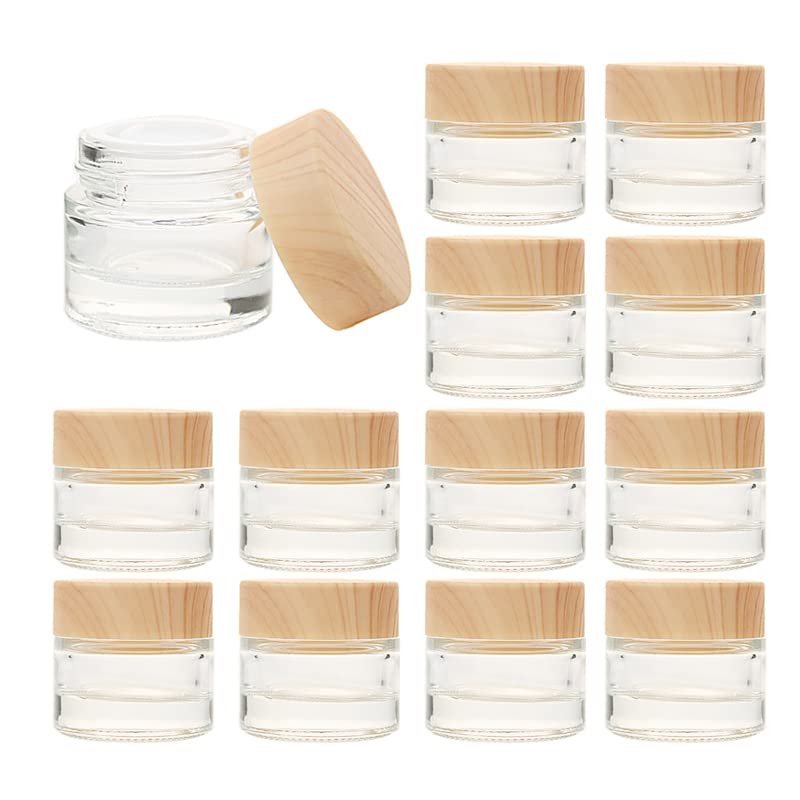 20 Pack 10g Transparent Glass Cosmetic Cream Jar Bottle with Wood Grain Lid and Inner Liners Empty Sample Jars For Travel DIY Lip Scrub Balm Lotions Sample