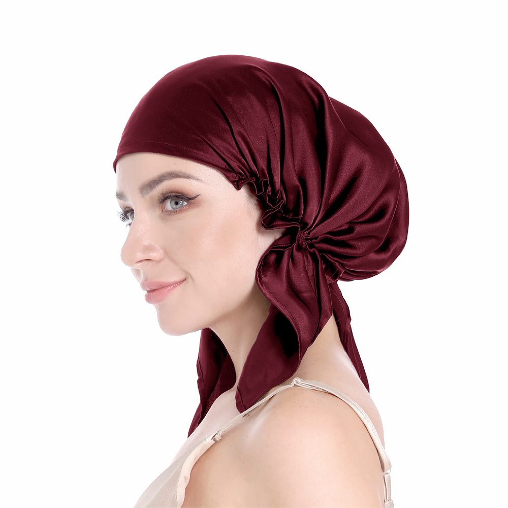SissiLita 100% Silk Bonnet for Sleeping With Tie Band, Large Sleep Cap for Curly Hair, Wrap for Hair Care (Dark Red)
