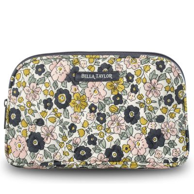 Bella Taylor Large Quilted Cotton Makeup Pouch for Women, Travel Cosmetic Bag, Quilted Cotton Delicate Floral Charcoal