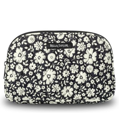 Bella Taylor Large Quilted Cotton Makeup Pouch for Women, Travel Cosmetic Bag, Quilted Cotton Bicolor Floral Black and Cream