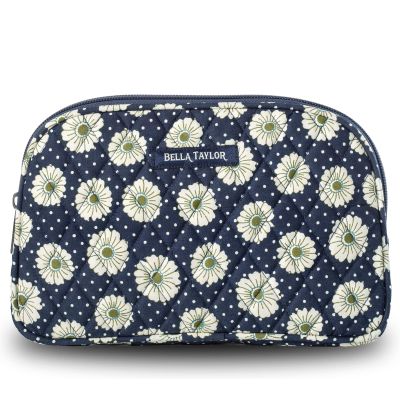Bella Taylor Large Quilted Cotton Makeup Pouch for Women, Travel Cosmetic Bag, Quilted Cotton Dotted Daisy Navy Floral