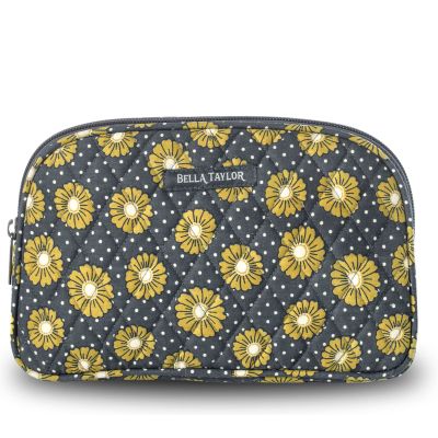 Bella Taylor Large Quilted Cotton Makeup Pouch for Women, Travel Cosmetic Bag, Quilted Cotton Dotted Daisy Charcoal Floral