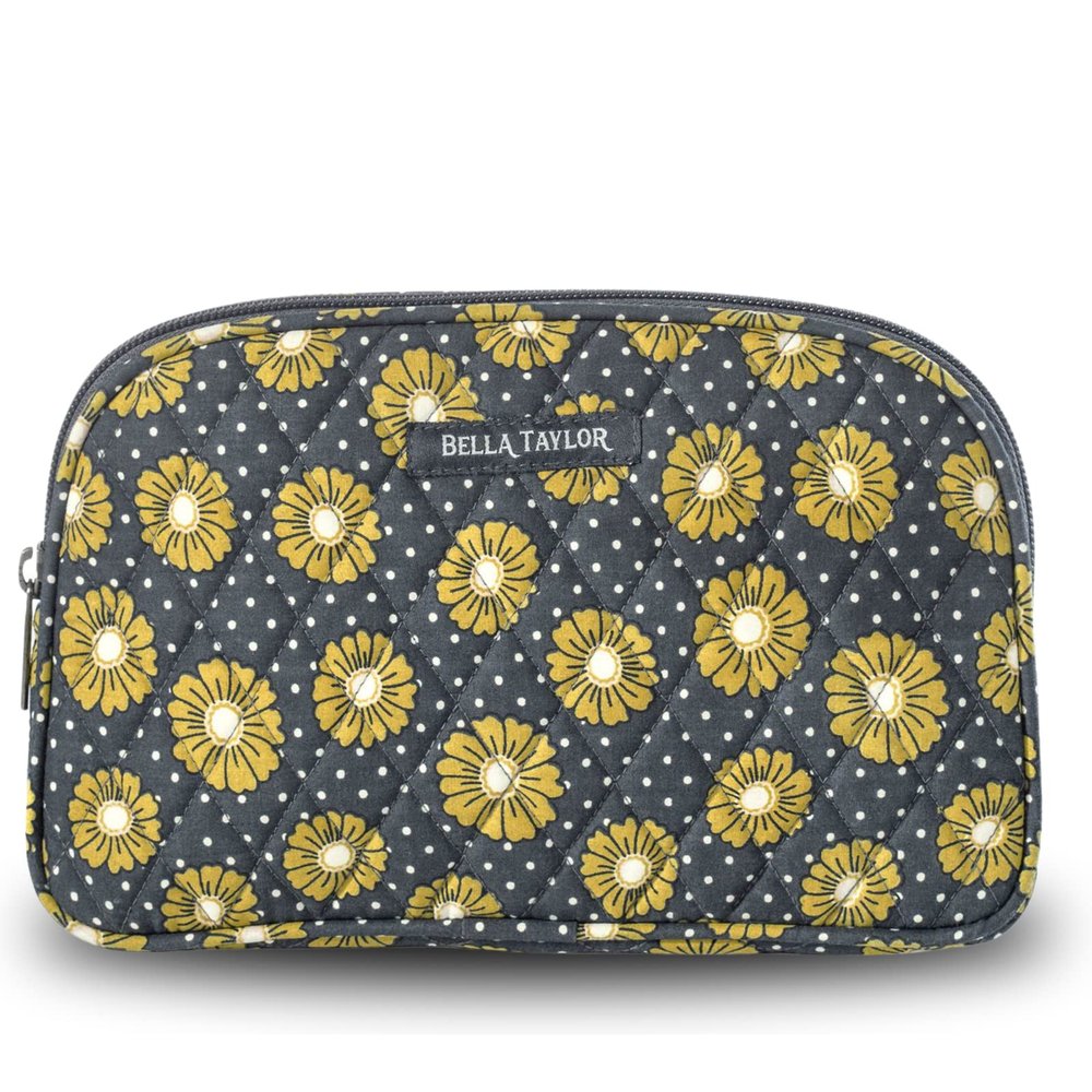 Bella Taylor Large Quilted Cotton Makeup Pouch for Women, Travel Cosmetic Bag, Quilted Cotton Dotted Daisy Charcoal Floral