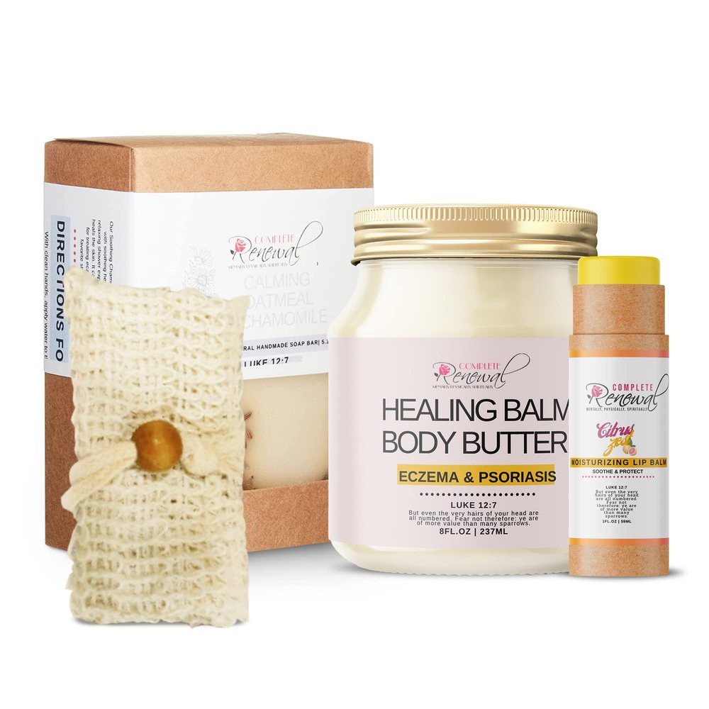 Complete Renewal - Ultimate Skin Care Gift Basket, Self Care Gift Set for Women, Body & Face Skin Care Set, At-Home Spa Kit, All-Natural Skin Care Kit, Mesh Cloth + Soap + Lip Balm + Body Butter