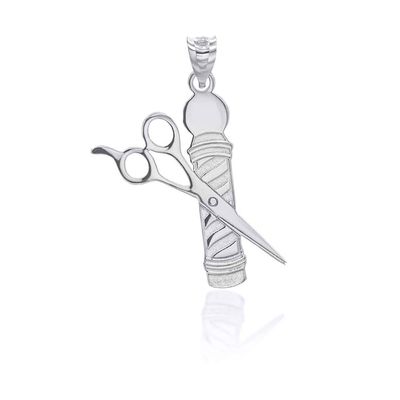 14K White Gold Personalized Name Hair Stylist Scissor and Barber Shop Pole Engravable Pendant