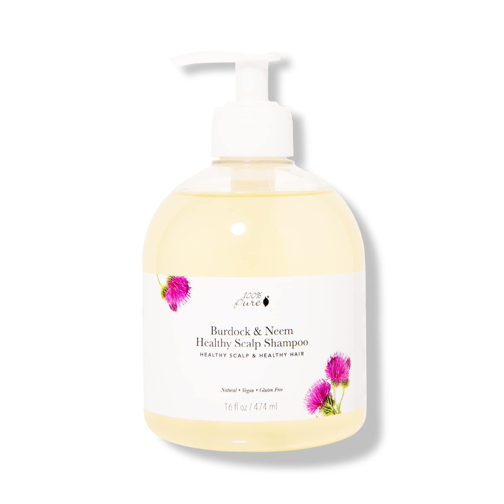 100% PURE Burdock & Neem Healthy Scalp Clarifying Shampoo Moisturizing Detox with Rose Hydrosol Replenishing Cleanser for Dry, Itchy, Flaky Scalp for Women & Men - 16 Fl Oz