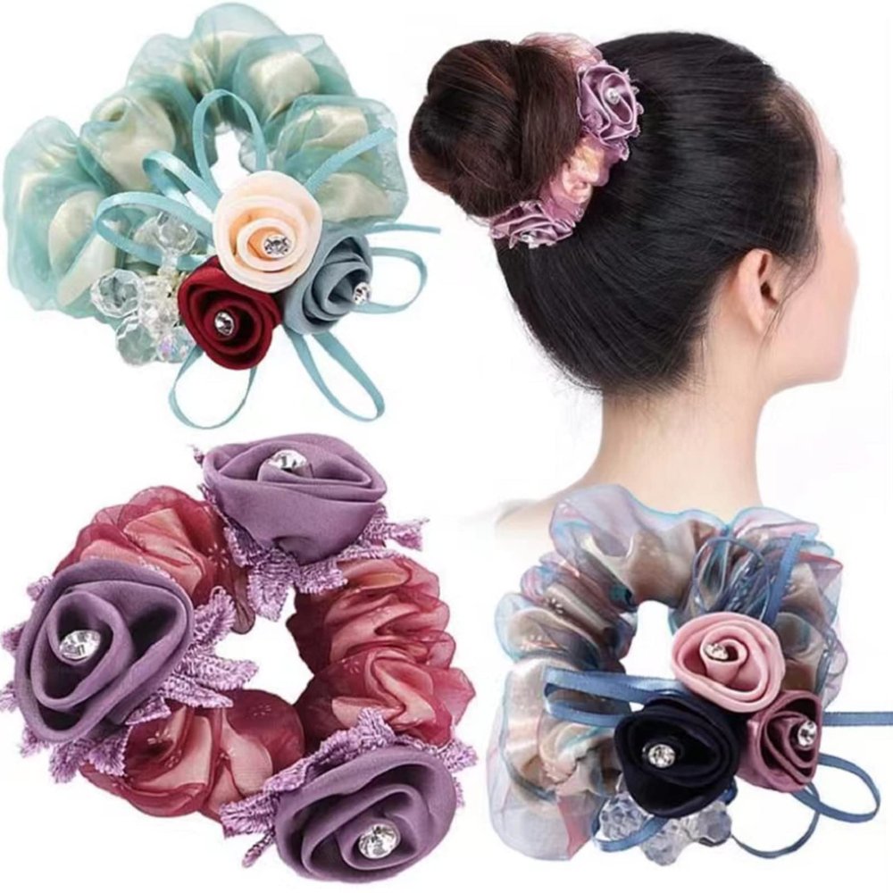 3Pieces Big Hair Silk Scrunchies with Flowers and Crystal Decorated for Thick Hair Elastic Ties for Girls & Women(Purple,Green,Blue)