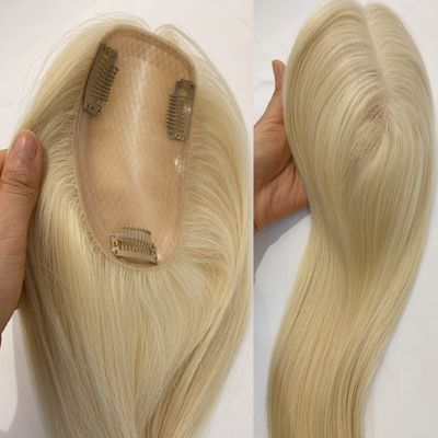 MorningWigs Blonde Human Remy Hair Topper for White Women, 14 inches Natural Straight, Full Silk Based Natural Partline Topper for Thinning Hair (12inches)