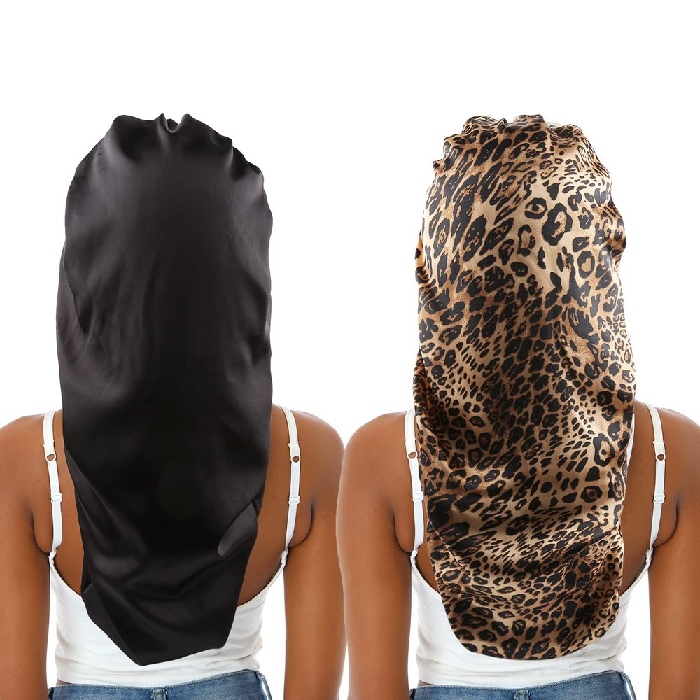 2pcs Extra Long Hair Satin Bonnet for Women, Single-Layer Night Sleep Cap Bonnet with Elastic Band for Braids/Dreadlocks/locs/Curly/Long Hair (Black+Leopard)