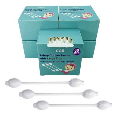 300pcs CGR Baby Safety Cotton Swabs with Large Tips for Newborn, Babies, Kids, Children, 100% Organic Cotton, White Paper Sticks, 5 Pack of 60 Swabs Total(5 Paper Boxes)