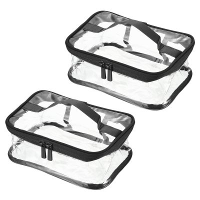 PATIKIL 8.3"x5.9"x3.5" Clear Toiletry Bag, 2 Pack PVC Makeup Bag Cosmetic Pouch with Zipper Handle Strap Waterproof for Travel Home Storage, Black