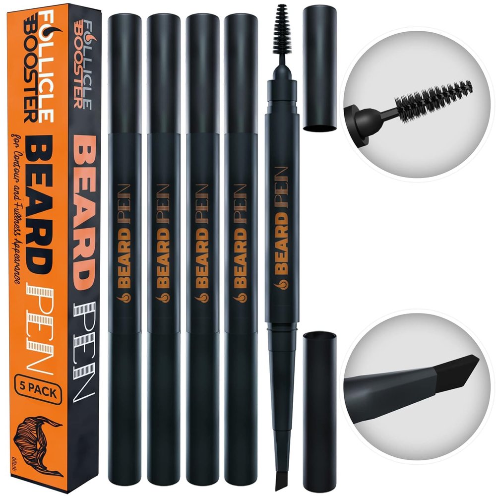 Beard Pen Filler for Men - Barber Styling Grooming Pencil - Waterproof, Sweat Proof, Long Lasting Solution with Natural Finish - Cover Beard and Scalp Patches in Seconds - Dark Brown 5 Pack