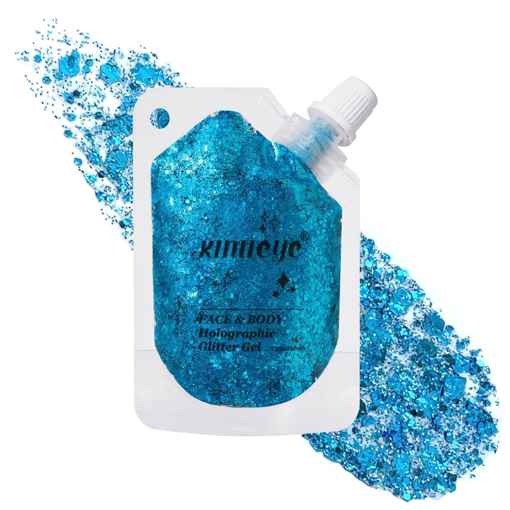Holographic Face Glitter Gel Body Shimmer Makeup for for Hair, Face, Clavicle, Arm, Nail, Eyeshadow, Long Lasting Waterproof Mermaid Sequins Party Glitter for Rave Festival, 1.35oz (Sky Blue #8)
