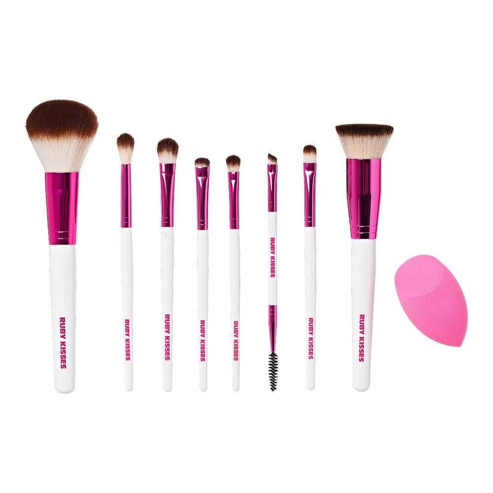 Ruby Kisses Makeup Brush Set Powder, Blending, Eyeshadow, Eyebrow, Eyeliner Brush and Spoolie, Blending Sponge 9PCS Set