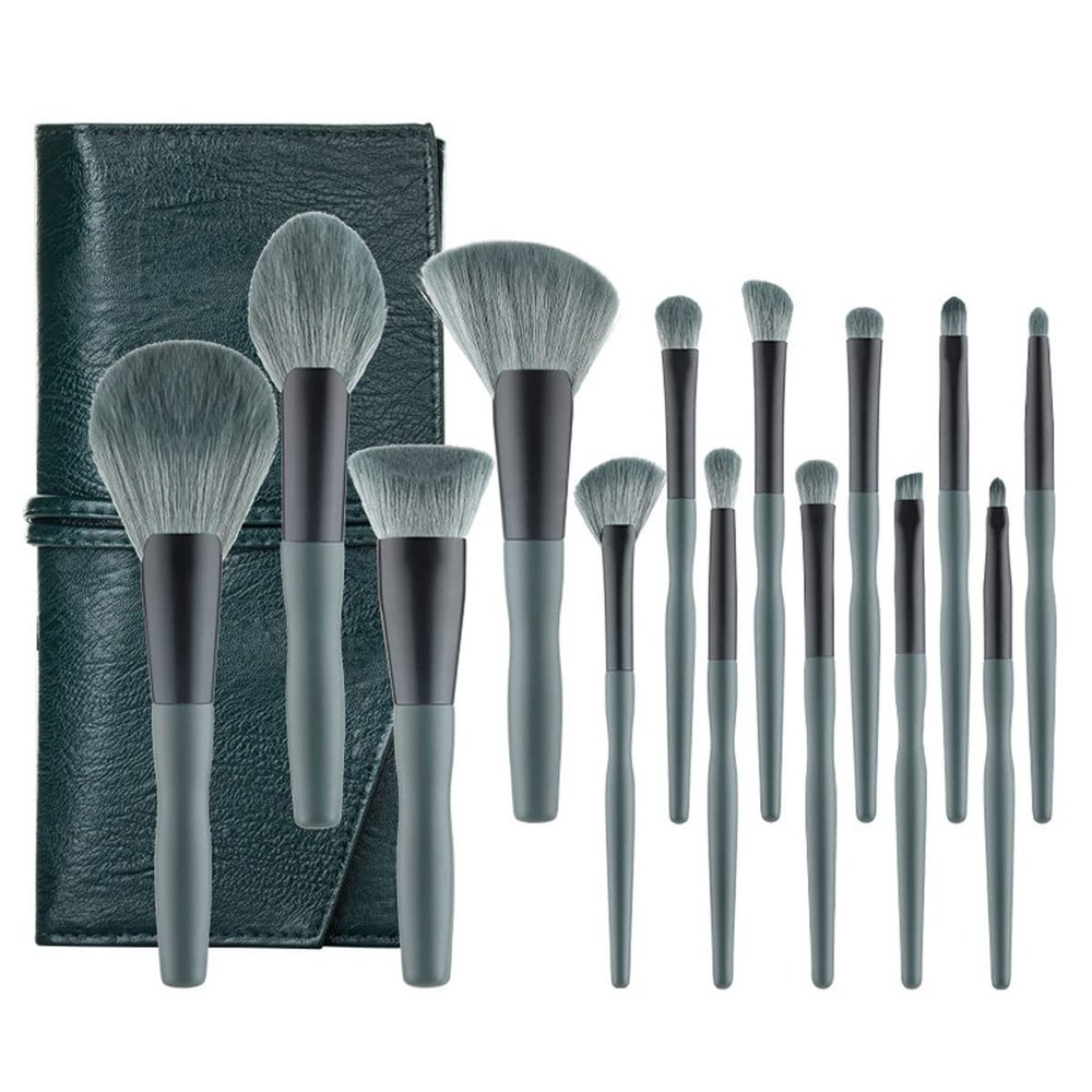 Sxdthy 14Pcs Soft Makeup Brush Set Green Makeup Foundation Powder Blush Eyeshadow Lip Gloss Makeup Brush Kit Cruelty-Free Synthetic Fiber Bristles, (Color : Green)