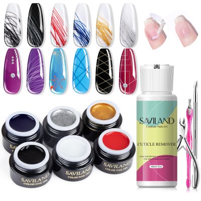 Saviland 6 Colors Spider Gel & Cuticle Remover Kit Nail Art Design Gel Paint Wire Drawing Gel Polish for Line
