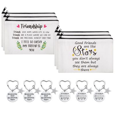 Kenning 12 Pieces Christmas Friend Gifts for Women 6 Pcs Friendship Makeup Bag Cosmetic Bags with Zipper Portable Pouch 6 Pcs Best Friend Keychain for Friendship Birthday Gift