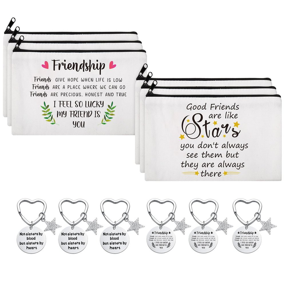 Kenning 12 Pieces Christmas Friend Gifts for Women 6 Pcs Friendship Makeup Bag Cosmetic Bags with Zipper Portable Pouch 6 Pcs Best Friend Keychain for Friendship Birthday Gift