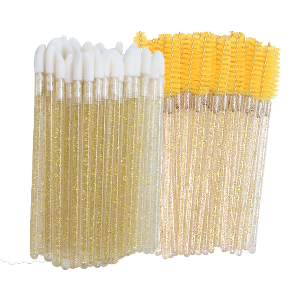 AKOAK 100 Pcs Disposable Lip Brush Eyelash Wand - Lip Gloss Brush Wand for Beauty Eyelash Extension, Lipstick Application Wand Makeup Beauty Kit (Yellow)