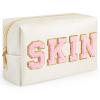 besharppin Preppy Makeup Bag, Synthetic Leather Patch Cosmetic Bag with SKIN Chenille Letter for Travel, Gift for Girlfriend or Wife, Present for Girls, Daughter, Sister and Mother view 1