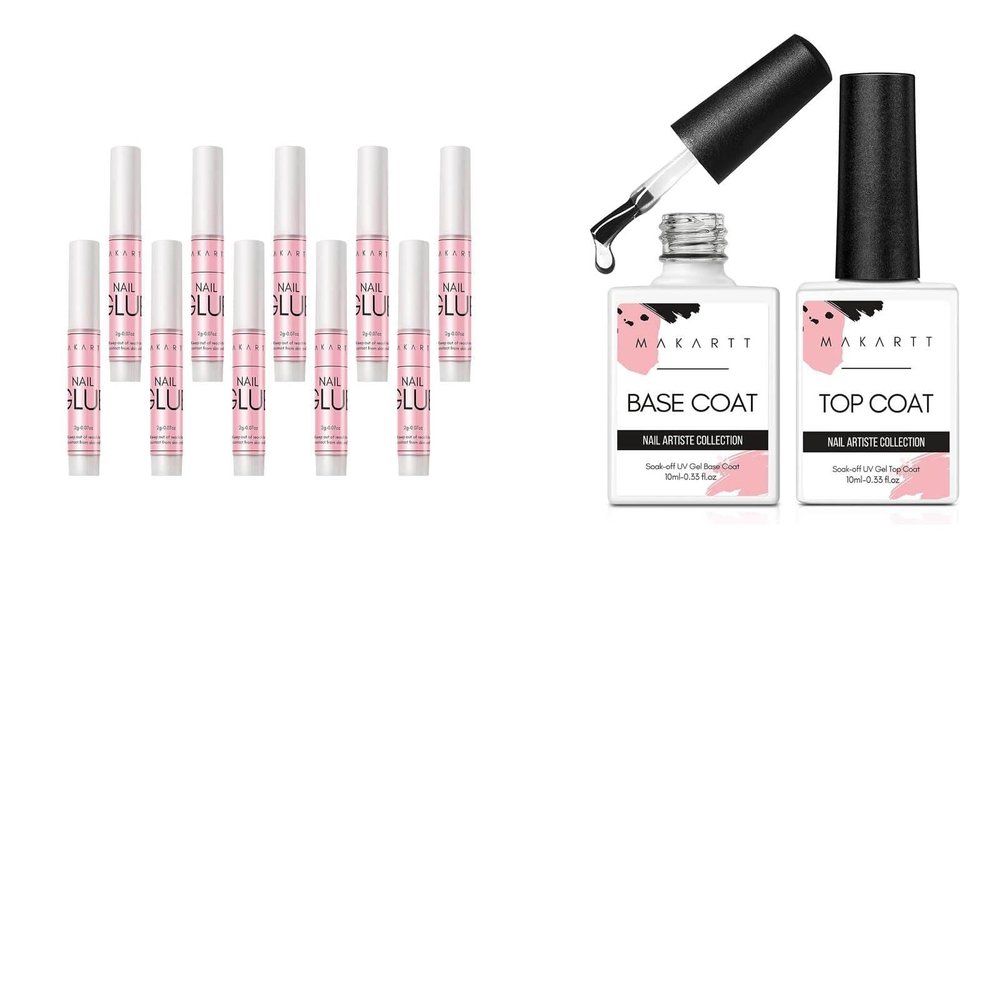 Makartt Super Strong Nail Glue and Gel Top Coat and Base Coat Kit,0.07oz 10Pcs Nail Glue for Acrylic Nails Press On Nails,2pcs 10ML Soak Off UV LED Gel Base and Top Coat Set