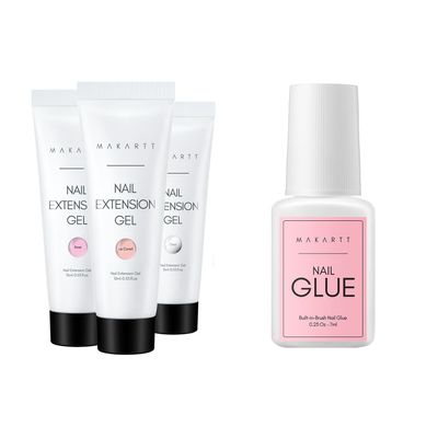 Makartt Poly Nail Extension Gel Kit Bundle with Makartt Super Strong Nail Glue for Acrylic Nails,Brush on Nail Glue for Nail with LED Lamp,Slip Solution,Clear Pink Solution