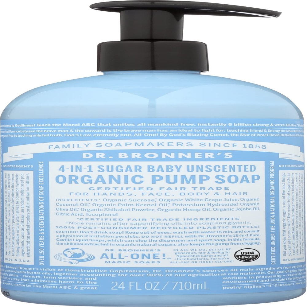 Dr. Bronner's Organic 4-in-1 Sugar Baby Unscented Pump Liquid Soap, Vegan, Non GMO, 24 Fluid Ounce (Pack Of 1)