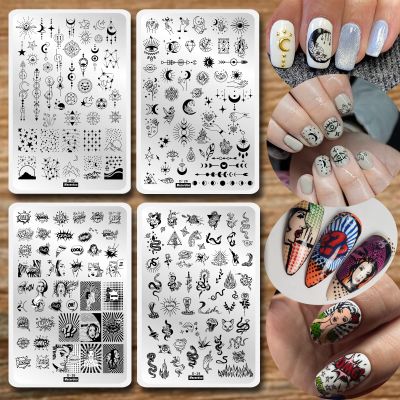 Snake Skull Star Moon Nail Stamping Plate Kit, 4pcs Various Pattern Heart Sun Geometry Beauty Girl Letter Word Abstract Face Nail Stamp Template Nail Art Design Stencil Tools DIY Print Manicure Salon