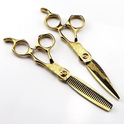 Professional Hair Cutting Shears, 6 Inch Japanese 440C Stainless Steel Gold Hair Scissors Set,Straight Thinning Scissors Set, Barber Shears (Color : Yellow)