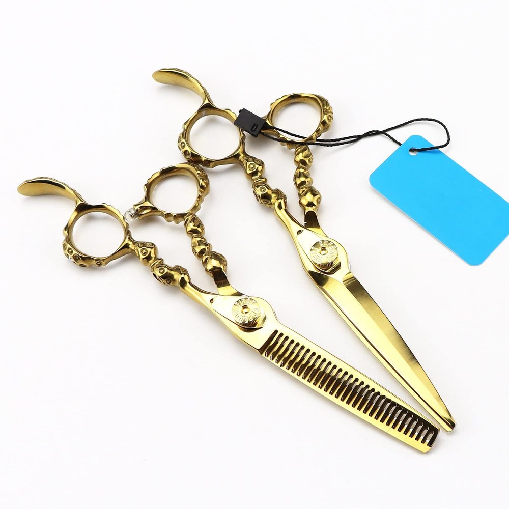 Professional Hair Cutting Shears, 6INCH Japanese 440C Stainless Steel Upscale Golden Skull Hairdressing Scissors Hair Cutting And Thinning Scissors Barber Shears Set (Color : Set)