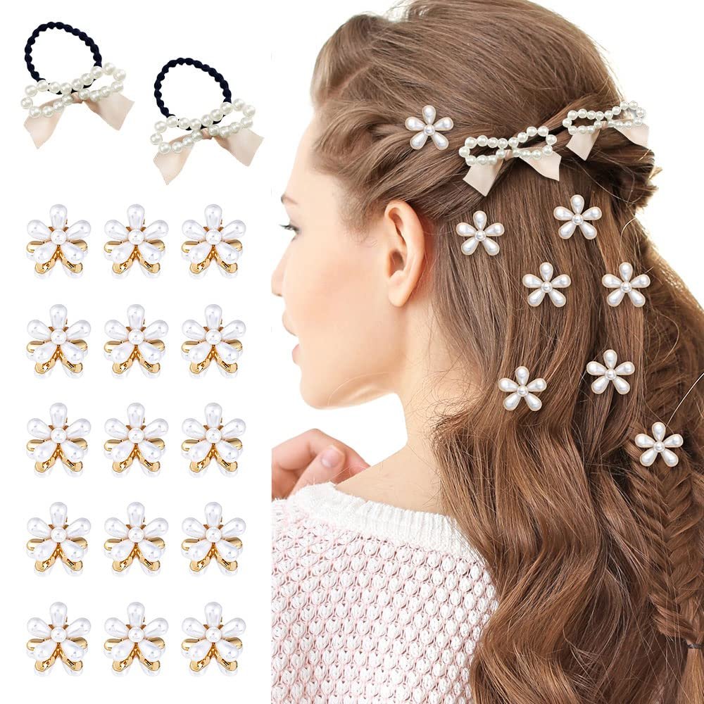 15 Pcs Small Pearl Hair Claw Clips Mini Pearl Claw Clips with Flower Design, Sweet Artificial Bangs Clips Decorative Hair Accessories for Women Girls