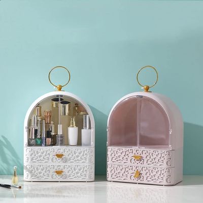 NIUBB Makeup Storage Organizer European-Style Cosmetic Storage Box Skin Care Products Storage Cosmetic Display Cabinet Suitable for Bathroom Bedroom Dresser Cosmetic Organizer (Color : Pink)