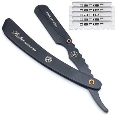 Parker SRXBLK Professional Stainless Steel ClipStyle Barber Razor HeavyDuty Black Finish with 5 Refill Blades, Ergonomic Weight for Barbers & Straight Razor Shaving Enthusiasts