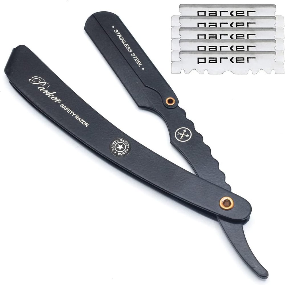 Parker SRXBLK Professional Stainless Steel ClipStyle Barber Razor HeavyDuty Black Finish with 5 Refill Blades, Ergonomic Weight for Barbers & Straight Razor Shaving Enthusiasts