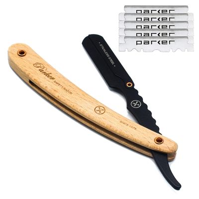 Parker SRP Pine Wood Handle Straight Edge Barber Razor Stainless Steel ClipType Straight Razor, 5 Premium Half DE Blades Included