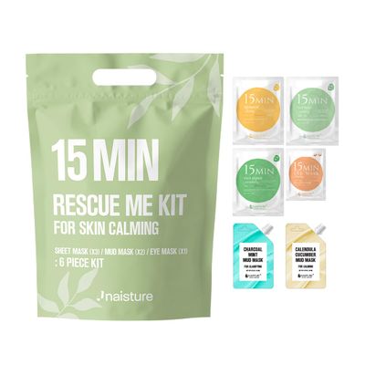 15 Min Rescue Me Kit by Naisture  Korean Spa and Skincare Kit for Women with Cica, Turmeric, and Tea Tree Sheet Masks, Eye Mask, Calendula Cucumber Mask, and Charcoal Mint Mud Mask for Redness Repair